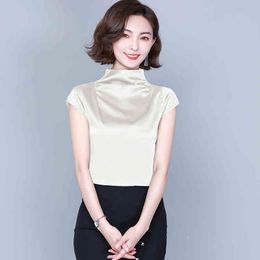 Fashion Women's Silk Bottoming Shirt Short-sleeved Half-high Collar Ruched blouse tops ladies women 210427