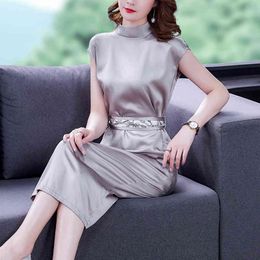 Korean Silk Women Dress Satin Short Sleeve es Woman High Wasit Long Stand Neck Waist Down es OL 210427