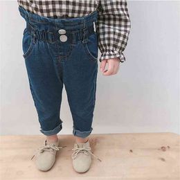 Korean style Autumn infant baby girls fashion high waist denim pants kids all-match elastic jeans children trousers 210508