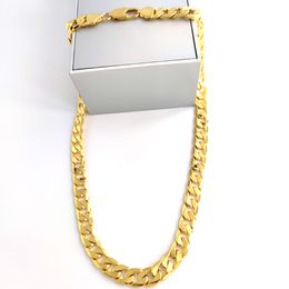 Men's Chain Jewellery 24k G/F Solid Fine Gold Necklace 12MM SQUARE CURB Link Xmas Son Dad Logo 18kt Stamp HEAVY