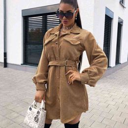 Elegant Corduroy Belt Lady Dress Coat 2022 Spring Long Sleeve Solid A-Line Dress Autumn Fashion Lapel Single-Breasted Mini Dress Y1204