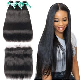 12A Brazilian Straight Hair 3 Bundles With Frontal Transparent 13x4 Ear to Ear Lace Frontal Closure With Bundles Unprocessed Virgin Human Hair Natural Colour