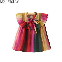 Bealaholly Summer Cotton Shirt Comfortable Thin Rainbow Striped Baby Doll Shirt Children and Girls Color Loose Blouse Q0716