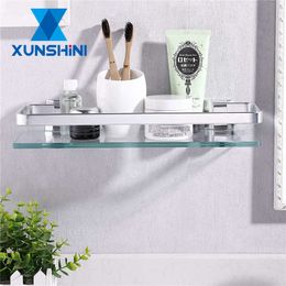 XUNSHINI Tempered Glass Bathroom Shelf Aluminium Storage Rack Rectangular 30 40 50cm 1 Tier Silver Sand Sprayed Wall Mounted 210724