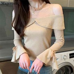Autumn Off-Shoulder Shirt For Women Mesh Pullover Knitted Blouse Flare Sleeve Slim s Blouses Solid Blusas 10448 210512