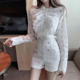 Spring Two Piece Set Women Long Sleeve Lace Ruffle Blouse Shirt + Tweed Shorts Suits Fashion 2 Pieces Pants 210514