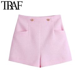 Women Fashion With Metal Buttons Tweed Bermuda Shorts Vintage High Waist Back Zipper Female Short Pants Mujer 210507