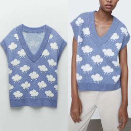 ZA Jacquard Knit Blue Vest Women V Neck Retro Fitted Sweater Woman Fashion Sleeveless Rib Knitted Tops 210602