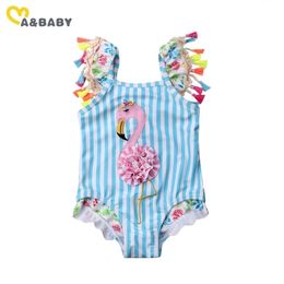 0-5Y born Kid Baby Girl Flamingo Swimsuit Swimwear Tassel Bikinis Beachwear 210515