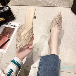Slippers Female Shoes Women Summer Med Heeled Mules Cover Toe Slides Jelly Flip Flops 2021 High Thin Pointed Glitter Cotton Fabr