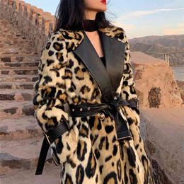Lautaro Winter Long Leopard Print Warm Fluffy Faux Fur Trench Coat for Women Long Sleeve Double Breasted European Fashion 210910