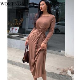 Summer autumn casual Fashion Womens High Waist Korea Bow sexy Fold Full Sleeve Dress Dresses Maxi E144 210603