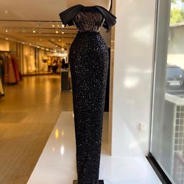 Exquisite Black Sequin Evening Dress Off the Shoulder Lace Prom Dresses Floor Length Formal Party Gowns