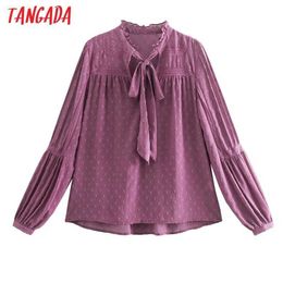 Tangada Women Purple Embroidery Romantic Blouse Shirt Bow Neck Long Sleeve Chic Female Shirt Tops CE183 210609