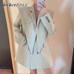 TWOTYLE Solid Color Shoulder Pads Blazer For Women Long Sleeves Patchwork Irregular Suits Female Spring Fashion 211006