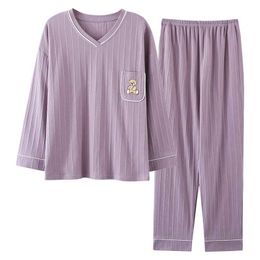 Plus Size Women's Pajamas V Neck Soft Knitted Cotton Long Sleeved + Pants Two Pieces Sleepwear Pj Set 3xl 4xl 5xl Home Clothing 211215