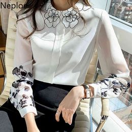 Neploe Women Clothes Spring Long Sleeve Chiffon Blouse Elegant Slim Office Lady Tops Loose Floral Print O Neck White Blusas 210422