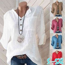 Oversized Women Blouses Cotton Linen Blouse Autumn Shirts Casual Long Sleeve Button V Neck Loose Shirt Lady Tops Plus Size S-5XL 210323