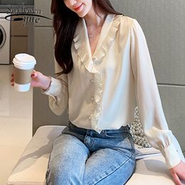 Casual Solid V-neck Women Clothing Office Lady Long Sleeve Beading Tops Autumn Fashion Chiffon Blouses 6286 50 210508