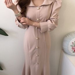 Women Spring Vintage Sashes Mermaid Party Dress Long Sleeve Sexy Solid Elegant French Style New 201025