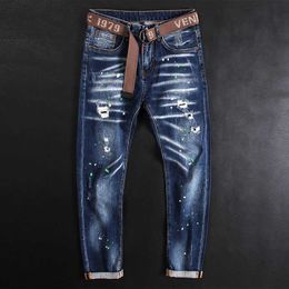 American Street Style Fashion Men Jeans Retro Blue Elastic Slim Ripped Painted Designer Hip Hop Splashed Denim Pants