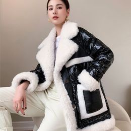 Lamb Wool Shiny Down Jacket Women mid-length Winter Black Thick Duck Down Fur Coat 211126