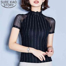Fashion Women T Shirt Ladies Tops Korean Summer Short Sleeve Top for s Plus Size Striped Ruffled Black 210510