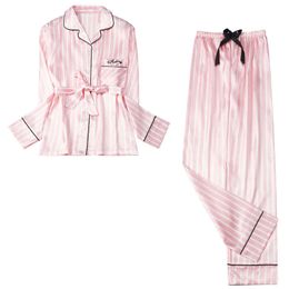 Women's Rayon Silk Pajamas Sexy Stripe Sleepwear Set Women Pajama Set 2Piece/Suit Top Long Sleeve Belt Shirt Pant Big Homewear Q0706