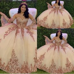 champagne sweet 16 dresses Australia - Champagne Quinceanera Dresses with Rose Gold Sequins Lace Applique Sweetheart with Detachable Sleeves Pageant Gown Sweet 16 Ballgown Custom Made vestidos