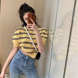 Puff Sleeve Retro Striped Crew Neck Short-sleeved Sweater Women INS Thin Hollow Out Knitwear Summer Vintage Top 210519