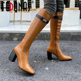 Zipper Buckle Straps Tight High Boots Fall Winter Genuine Leather Shoes For Women Basic Heels 210528