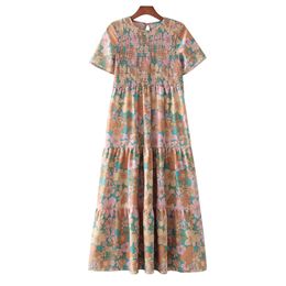 Summer Woman Vintage Floral Print Long Dress Female O Neck Short Sleeve Vestido Mujer Holiday Casual Sundress Clothes 210514