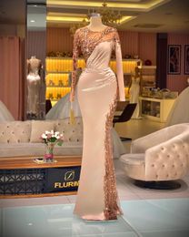 Gorgeous Pink Beaded Mermaid Prom Dresses Sequined Long Sleeve Luxury Formal Evening Gowns For Arabic Women Vestidos