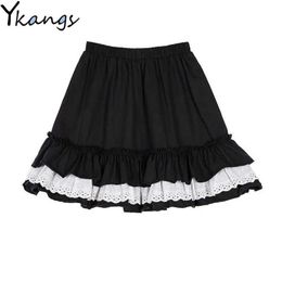 Spring Summer Fairy Student Mini Skirts Women Korean Girls Cute High Waist Ruffle Cake Lace Skirt Black Pleated Skirt 210619