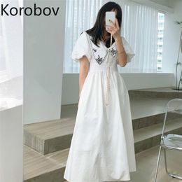 Korobov New Arrival Korean Women Dress Sweet Flower Embroidery Peter Pan Collar Summer Dresses Vintage A-Line Vestidos 210430