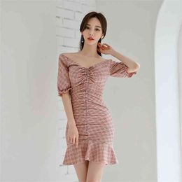 summer draw string v-neck cultivate one's morality dress lace-up grid 210602