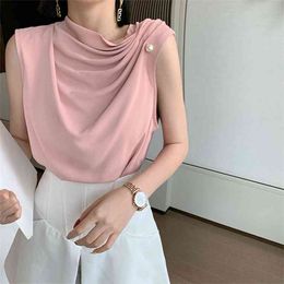 Elegant White Sleeveless Top Casual Solid Pearl Pleated Blouse Summer Women Fashion Office Lady Short Chiffon 210601