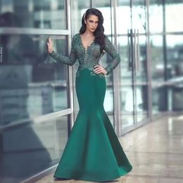 Dark Green Lace Mermaid Evening Prom Dresses Long Sleeve Sheer V Neck Mother Of The Bride Dress Custom Made Formal Gowns