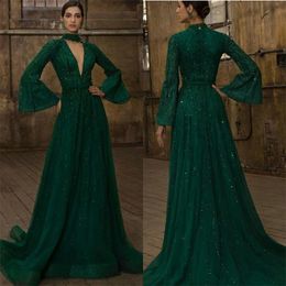 Gorgeous Green A Line Evening Dresses Bling Sequins Beads Ruched Tulle Beach Prom Gown Custom Made High Neck Long Sleeves Formal Pageant Party Wear