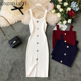 Gaganight Solid Button Women Summer Dress Sleeveless Spaghetti Strap Midi Dresses Elegant Chic Knitted Elastic Slim Party Dress 210519