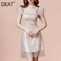 [DEAT] Summer Fashion Square Collar High Waist Sequins Sleeveless Solid Colour Loose Temperament Dress Women 13Q054 210527