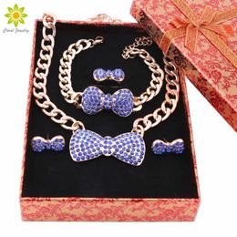 African Jewelry Set Gold Color Earrings Bracelet Ring Necklace Sets Fashion Crystal Bow Jewelry Set+Gift Boxes H1022