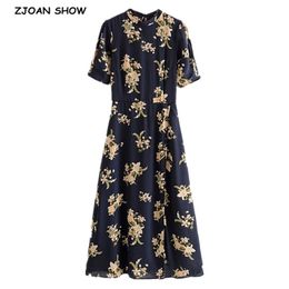 Elegant Women Bandage Tie Bow Backless Flower Print Short Sleeve Slit Vintage Dress Ladies A line Back Strap Midi Dresses 210429