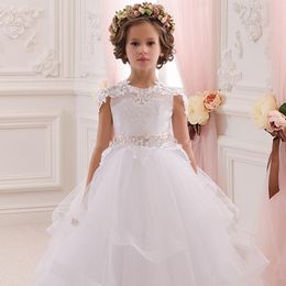 Glamorous white ball gown flower girl dresses beautiful lace appliques floor length first communion dresses Custom Made for girls