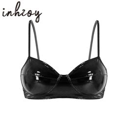 Women Black Soft Faux Leather Sexy Lingerie No Pad Bralette Push up Bra Tops for Female Nightclub Party Performance Rave Costume X0726