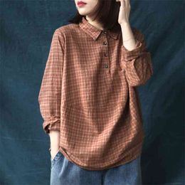 Spring Arts Style Women Long Sleeve Turn-down Collar Loose Shirts Cotton Linen Plaid Casual Blouses Femme Tops Plus Size S701 210512