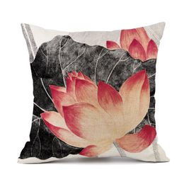 Cushion/Decorative Pillow Chinese Classical Style Back Cushion Ink Painting Black And Red Color Lotus Plant Pillows Decor Home