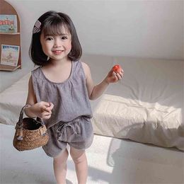 Summer Arrival Girls Fashion Solid 2 Pieces Suit Vest+shorts Outfits 210528