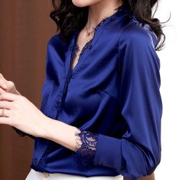 Fashion Women Silk Shirts Woman V-neck Satin Blouse Elegant Office Lady Lace Patchwork Shirt Plus Size Blusas Mujer De Moda Tops 210531