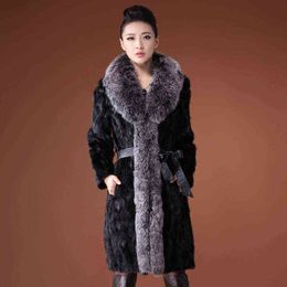 Autumn Faux Mink Leather Jacket Womens Long Coats Winter Thicken Warm Fur Leather Coat Women Slim Jackets Fashion Big Fur Collar 211213